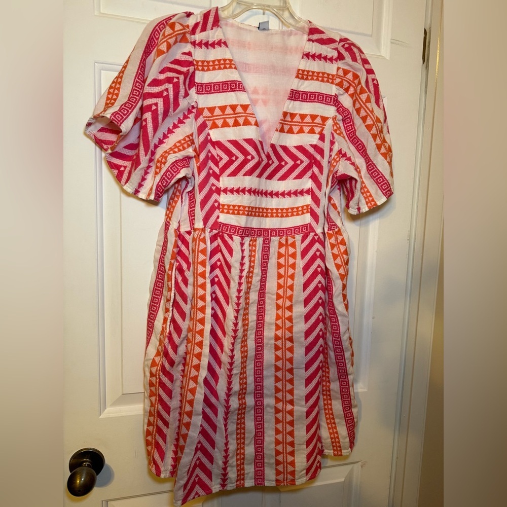 Old Navy Jacquard Pink & Orange Mini Swing Dress Aztec Print Large V Neck